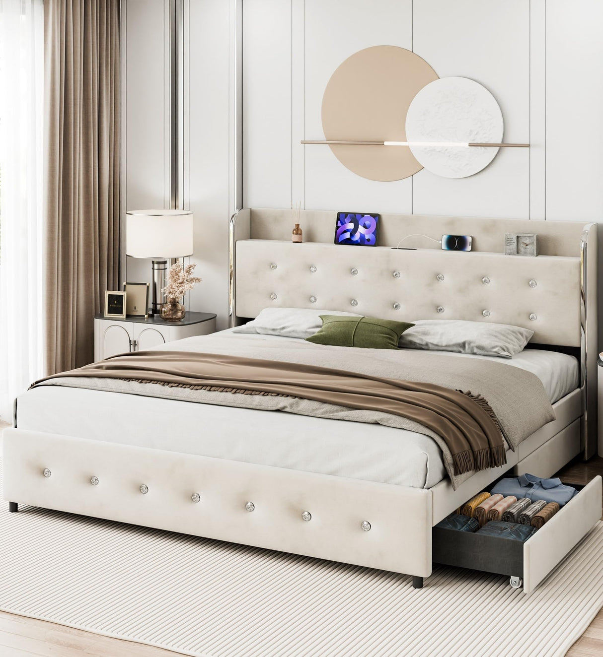 IDEALHOUSE Full Size Bed Frame with Storage Headboard, Velvet Upholstered Platform Bed Frame with 4 Storage Drawers, Built in Charging Station, Wooden Slats Support/No Box Spring Needed, White IDEALHOUSE