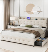 IDEALHOUSE Full Size Bed Frame with Storage Headboard, Velvet Upholstered Platform Bed Frame with 4 Storage Drawers, Built in Charging Station, Wooden Slats Support/No Box Spring Needed, White IDEALHOUSE