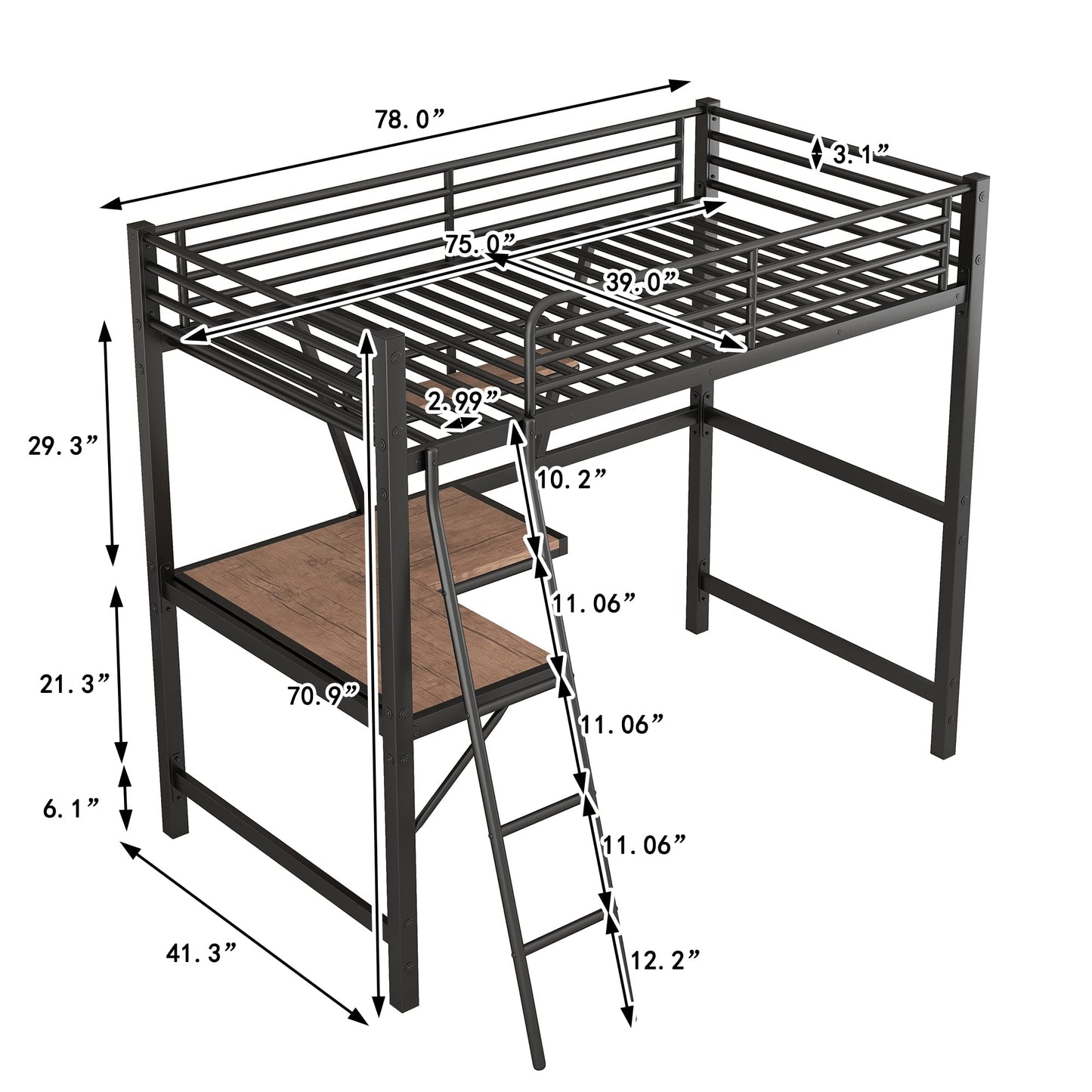 Twin Size Loft Bed with Desk and Storage Shelf, Heavy Duty Loft Bed Twin Size, Twin Loft Bed with Guardrail, Twin Loft Bed for Kids, Teens, Twin Size Loft Bed Black