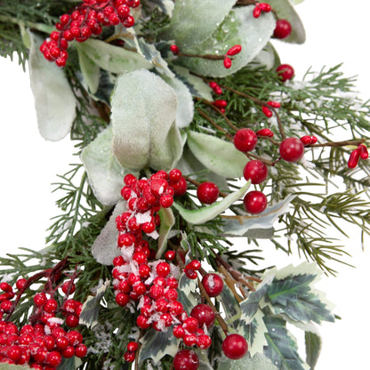 Skrantun 20 Inch Artificial Christmas Wreath Door Wreath with Lambs Ear Leaves Winter Wreath with Artificial Snow and Red Berries Christmas Decorations with Pine Needles for Home Wall Window Decor