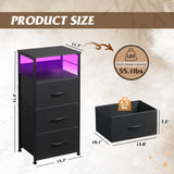 WLIVE LED Nightstand Set of 2 with Charging Station, Black Night Stand with 3 Fabric Drawers and Storage Shelf, Small Dresser for Small Space, 31.9" H Side Table with USB Ports and Outlets for Bedroom WLIVE