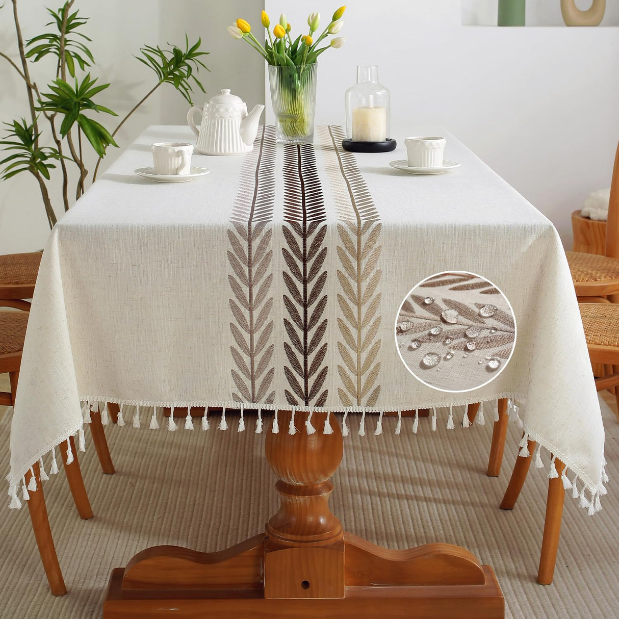 JIALE Table Cloth Rectangle Table, Heavy Duty Cotton Linen Waterproof Tablecloths Farmhouse Tablecloth, Soft and Wrinkle Free Table Cover with Tassels, Square, 55''x55'', 4 Seats JIALE