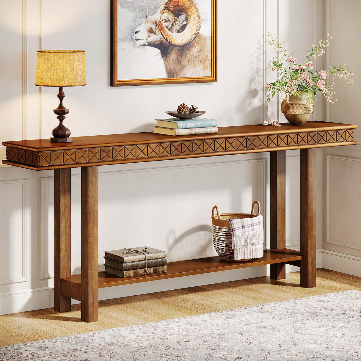 Tribesigns 70.9-Inch Solid Wood Extra Long Console Table, Wood Sofa Table Behind Couch Narrow Long, 2-Tier Entryway Accent Table with Storage for Living Room, Hallway, Entrance, Foyer, Rustic Brown Tribesigns