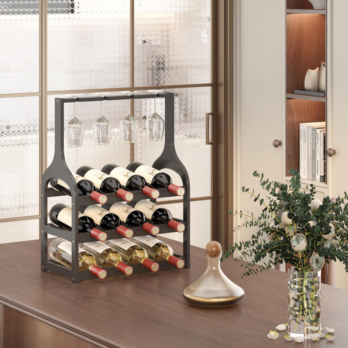Wine Rack Countertop for 12 Wine Bottles and 4 Glass Holder, Small Bamboo Free Standing Racks Tabletop Display, Wooden Wine Storage Organizer for Cabinet Pantry Kitchen Bar Home Dining Room (Black) MHXW SXPN