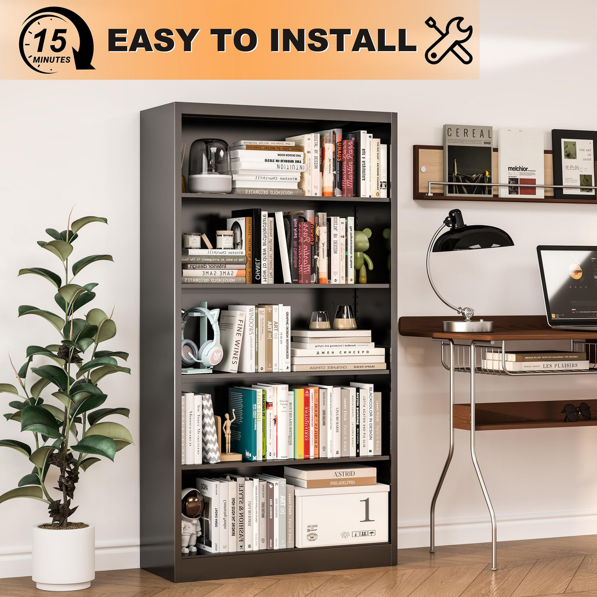 VASAAOSD 66" Tall Metal Bookcase, 5 Shelf Black Bookcase with Adjustable Shelves, Large Bookshelves and Bookcases, Modern Book Shelf Storage Organizer for Living Room, Home Office, Library (Black) VASAAOSD