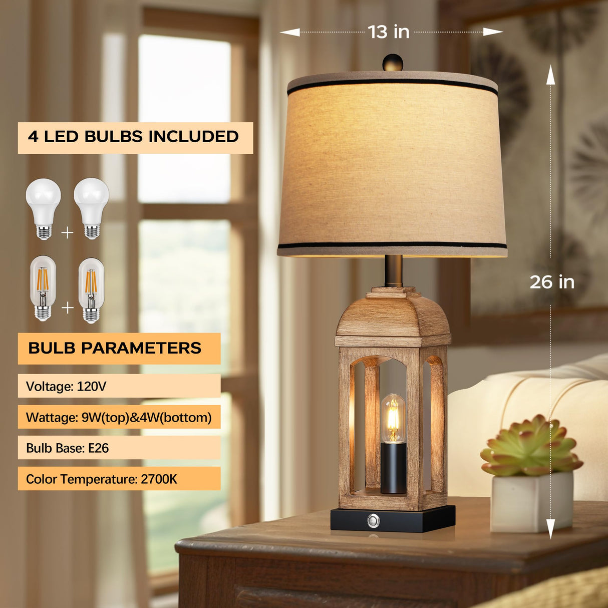 QiMH Table Lamp for Living Room, Farmhouse Lamps Set of 2 with USB A+C and Nightlight, 26" Rustic Bedside Lamps with 3-Way Dimmable Touch Control, Nightstand Lamp for Bedroom Decor, Wood Grain QiMH