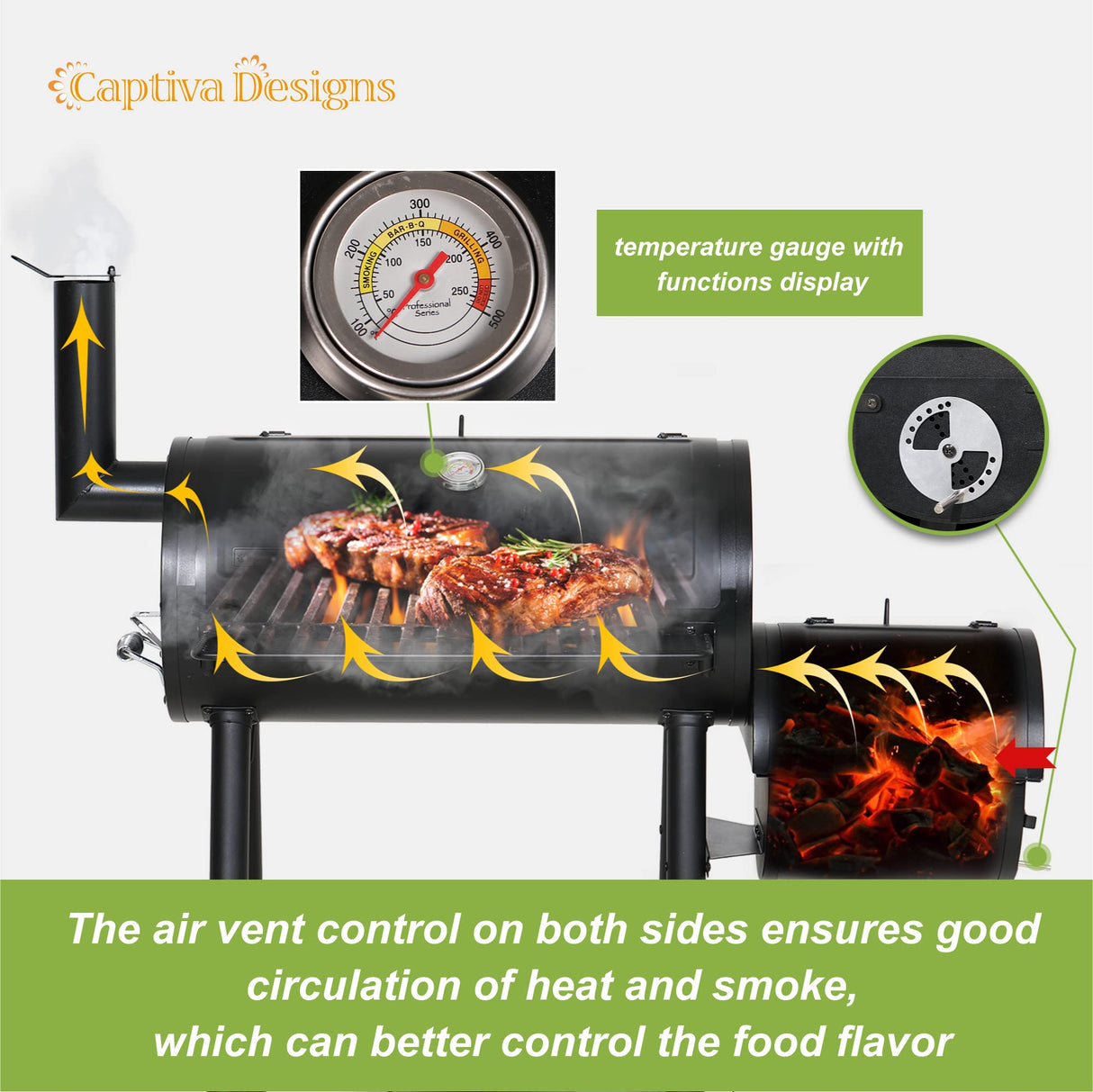 Captiva Designs Charcoal Grill with Offset Smoker, All Metal Steel Made Outdoor Smoker, 512 sq.in Cooking Area, Best Combo for Outdoor Garden Patio and Backyard Cooking Captiva Designs