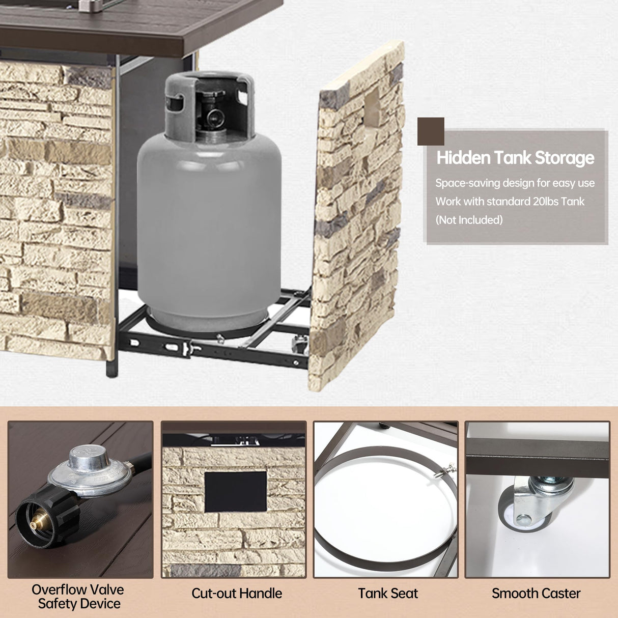 PIZZELLO Outdoor 43 Inch Outdoor Fire Pit Table, 50,000 BTU Rectangle Propane Fire Pit with Glass Wind Guard, Rain Cover, Removable Lid, Matching with Outdoor Furniture Sets, CSA Certified (Buff) PIZZELLO