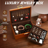 LIBOLXSP Solid Walnut Wood Jewelry Box with Lock,2 Layer Velvet Lined for Earrings Rings Necklaces Bracelets Watches,Both Style and Security, for Men Women,Vintage Brown LIBOLXSP