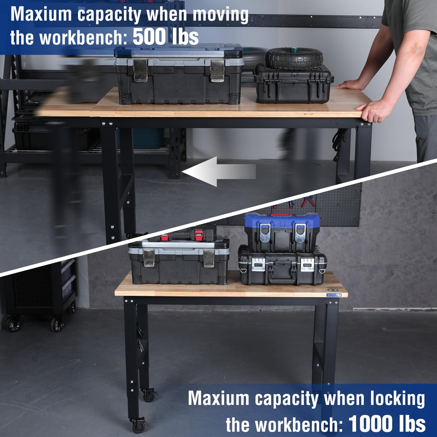 WORKPRO Garage Workbench, 48"X22" Adjustable Workbench with Wheels, Rubber Wood Top Heavy-Duty Workstation with Power Outlets, 1000 LBS Stationary Load Capacity, for Workshop, Garage, Office, - WoodArtSupply