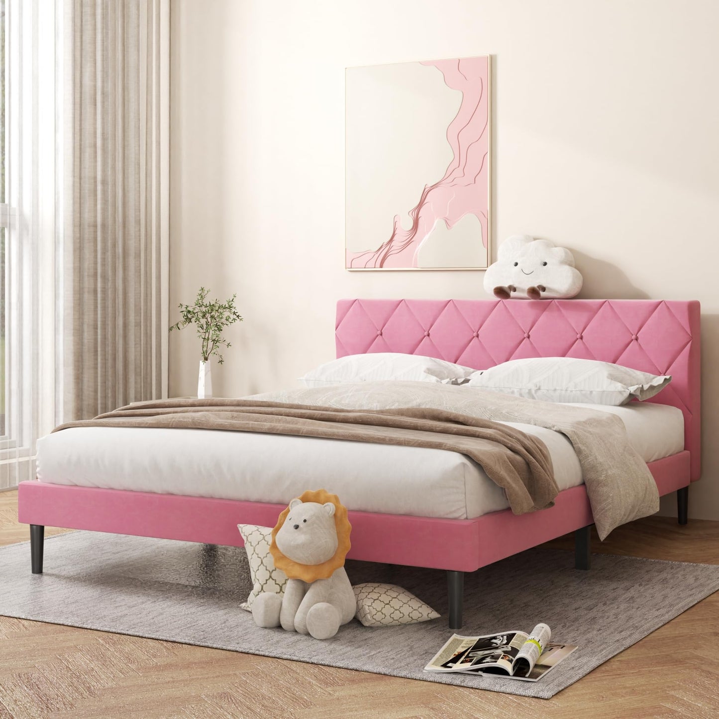 ZIEUNS Queen Size Bed Frame, Upholstered Platform Bed Frame with Button Tufted Velvet Headboard, Mattress Foundation, Wooden Slats Support, No Box Spring Needed, Super Easy Assembly, Pink