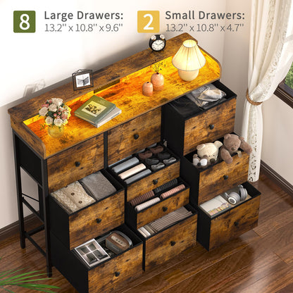 Yoobure Dresser for Bedroom with Charging Station and LED Lights, Tall Dresser TV Stand with 10 Storage Drawers,Fabric Dressers & Chests of Drawers,Wood Dresser for Bedroom Closet Organizer,Brown