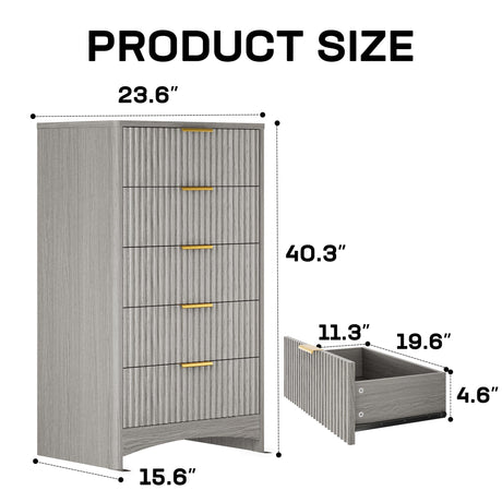 Marsail 5 Drawer Tall Wooden Dresser with Smooth-Glide Drawers, Modern Storage Solution for Bedrooms and Hallway, Featuring Large Capacity and an Elegant Natural Wood Finish, Light Grey Marsail