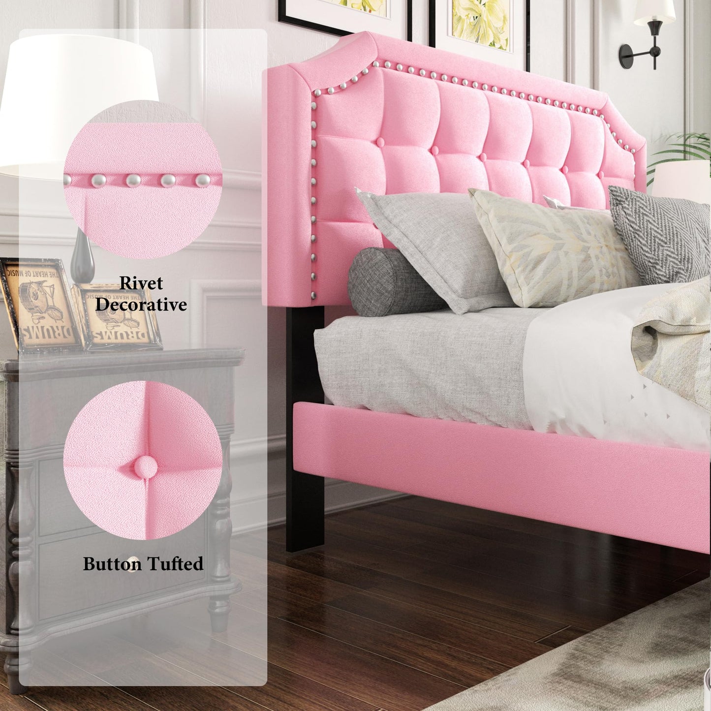 CXVX Queen Size Platform Bed Frame with Headboard, Button Tufted & Rivet Design, No Box Spring Needed, Easy Assembly, No Noise, Pink Velvet