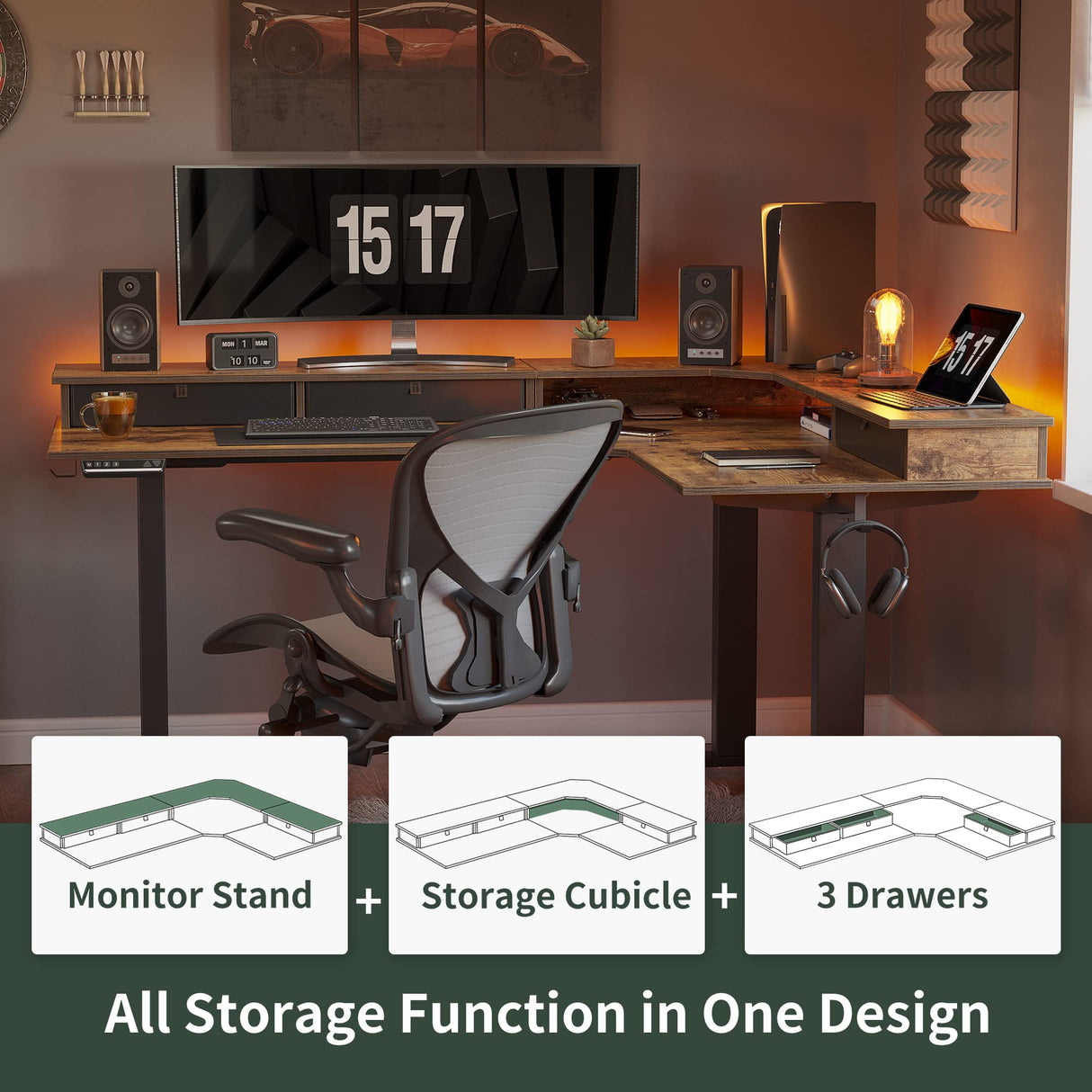 FEZIBO Triple Motor 63" L Shaped Standing Desk with 3 Drawers, Electric Standing Desk Adjustable Height, Corner Stand up Desk with Splice Board - Rustic Brown FEZIBO