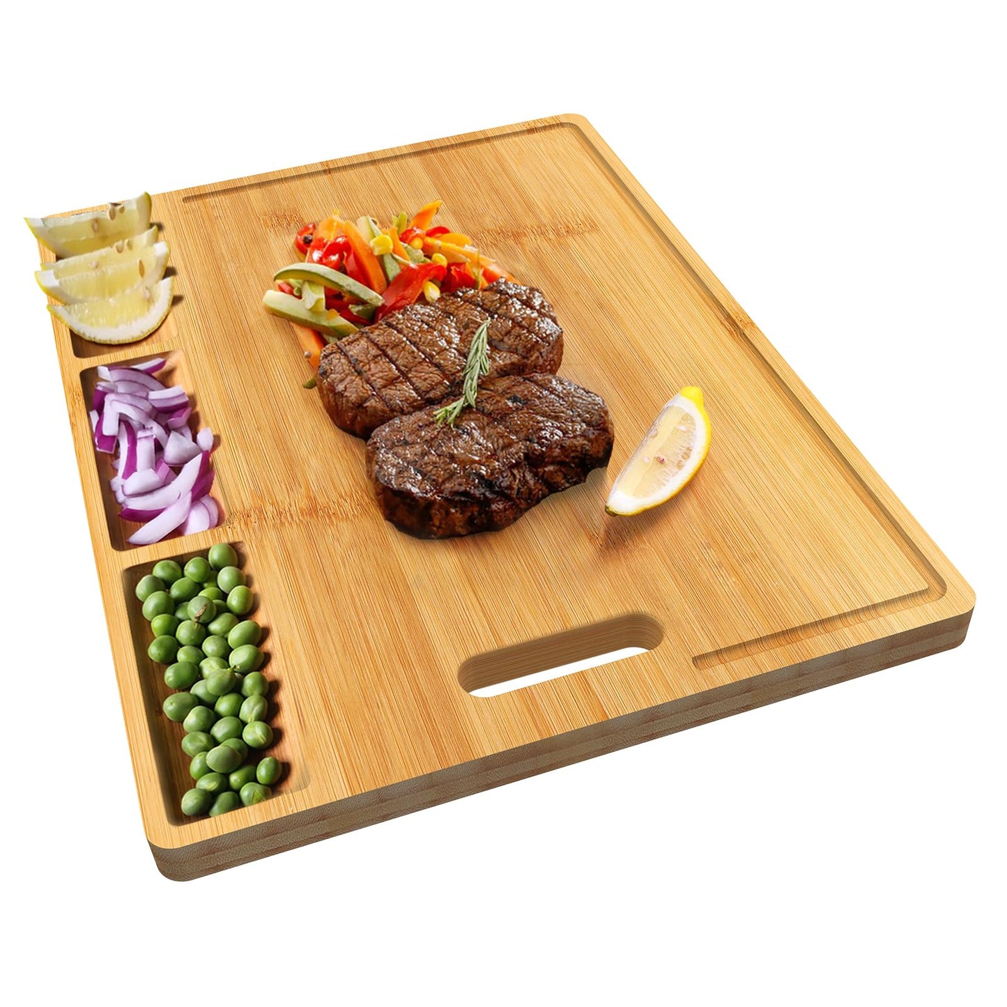 Cutting Boards,Large Bamboo Chopping Board, Built-In 3 Compartments And Juice Grooves, Charcuterie Board for Kitchen Counter Meat (Butcher Block) - WoodArtSupply