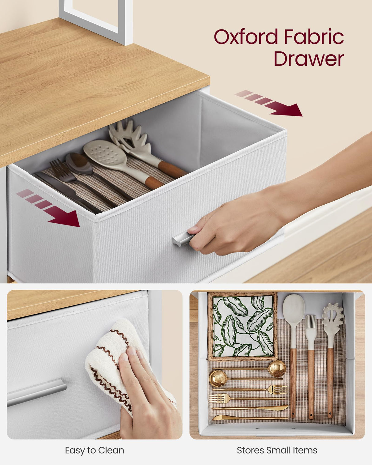 VASAGLE Bakers Rack with Charging Station, Coffee Bar Stand with Adjustable Storage Shelves, Fabric Drawer, 12 Hooks, Table for Microwave, Kitchen, Gold Oak and Cloud White UKKS028Y09 VASAGLE