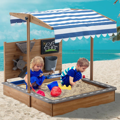 Kids Large Wooden SandBoxes with Cover, MOOITZ Outdoor Sand Box Play w/Canopy for Backyard Garden Beach, Sand Pit for Beach Patio Outdoor, [Adjustable Roof & Sand Funnel & Drawing Board] - Br - WoodArtSupply