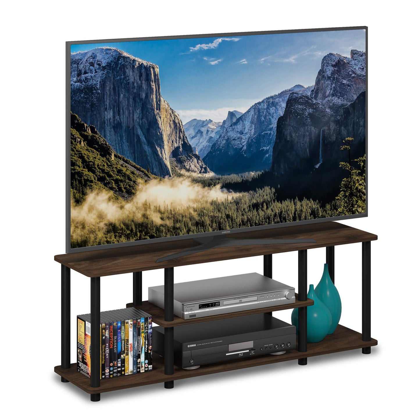 Furinno Turn-N-Tube No Tools 3D 3-Tier Entertainment TV Stand up to 50 inch TV, Round Tubes, Columbia Walnut/Black - WoodArtSupply