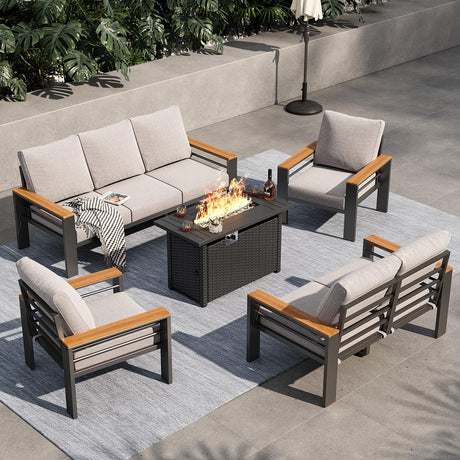 Aoxun Aluminum Outdoor Patio Furniture Set, 8-piece Outdoor Sectional with 44'' Propane Gas Firepit Table, Patio Conversation Sets with Upgraded Armrests and Cushions for Backyard, Garden and Poolside Aoxun