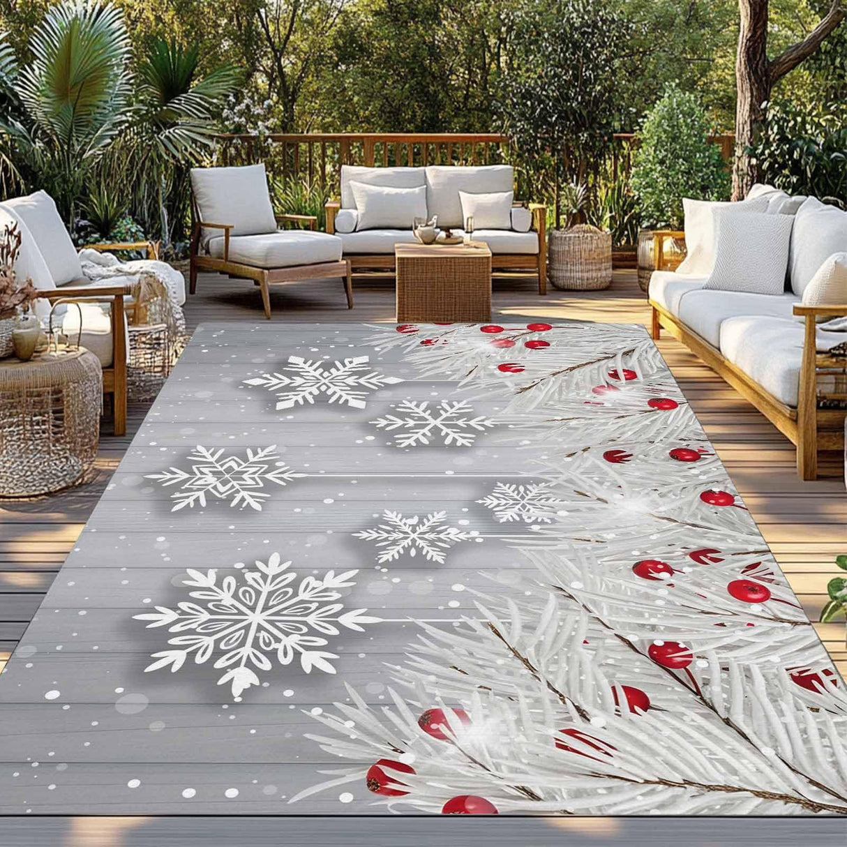 Winter Snowflake Outdoor Rug 5x8ft Christmas White Pine Branch Gray Wood Grain Waterproof Patio Rugs Lightweight Foldable Outside Large Area Rug Carpet for Porch Deck Balcony Backyard Camper Lkicikik