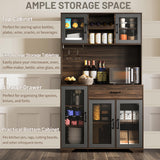 Fatmok Kitchen Pantry Cabinet, 71" Tall Liquor Cabinet with Glass Doors, Adjustable Shelves, Drawer, Coffee Bar Wine Cabinet with LED Lights, Power Outlet & Wine Rack, Buffet Cabinet with Storage Fatmok