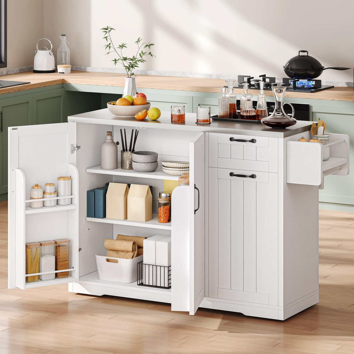 YITAHOME Kitchen Island with Stainless Steel Top, 54" Drop Leaf Kitchen Island with Storage, Rolling Carts with Pull-Out Cabinet, 3 Tier Slide Out Drawers & Shelves, 2 Doors Storage for Dining,White YITAHOME