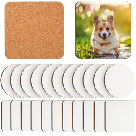 Ziliny 24 Pcs Sublimation Coasters 4 x 4 Inch Hardboard Coaster Cork and MDF Blank Coasters Sublimation Car Coasters Heat Press Parts Accessories for Kitchen Drink Ornaments (Round,Square) Ziliny