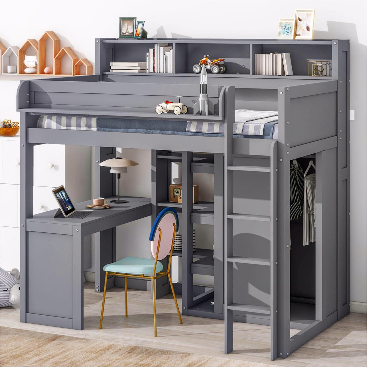 Modern Grey Twin Size Loft Bed with Built-in Desk and Ample Storage by Bekeknlny Bekeknlny
