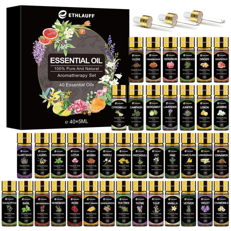 Essential Oils Set 40 Pcs, Essential Oils Perfect for Diffuser, Fragrance Oil Set for Massage, Soap, Candle Bath Bombs Making (5ml) Ethlauff
