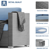 SUNCROWN Outdoor Patio Furniture Set 8 Piece Outdoor Sectional Sofa Grey Wicker Conversation Sofa Set with Coffee Table, Cushions and Fire Pit Table, Light Blue SUNCROWN