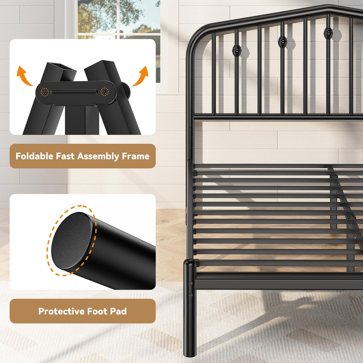 Susalt 14 Inch Queen Bed Frame, Sturdy Rustic Metal Bed Frame Queen Size, Queen Bed Frame with Headboard and 12.5" Under Bed Space, Curved Corner/No Noise/Easy Assembly/No Box Spring Needed, Black Susalt