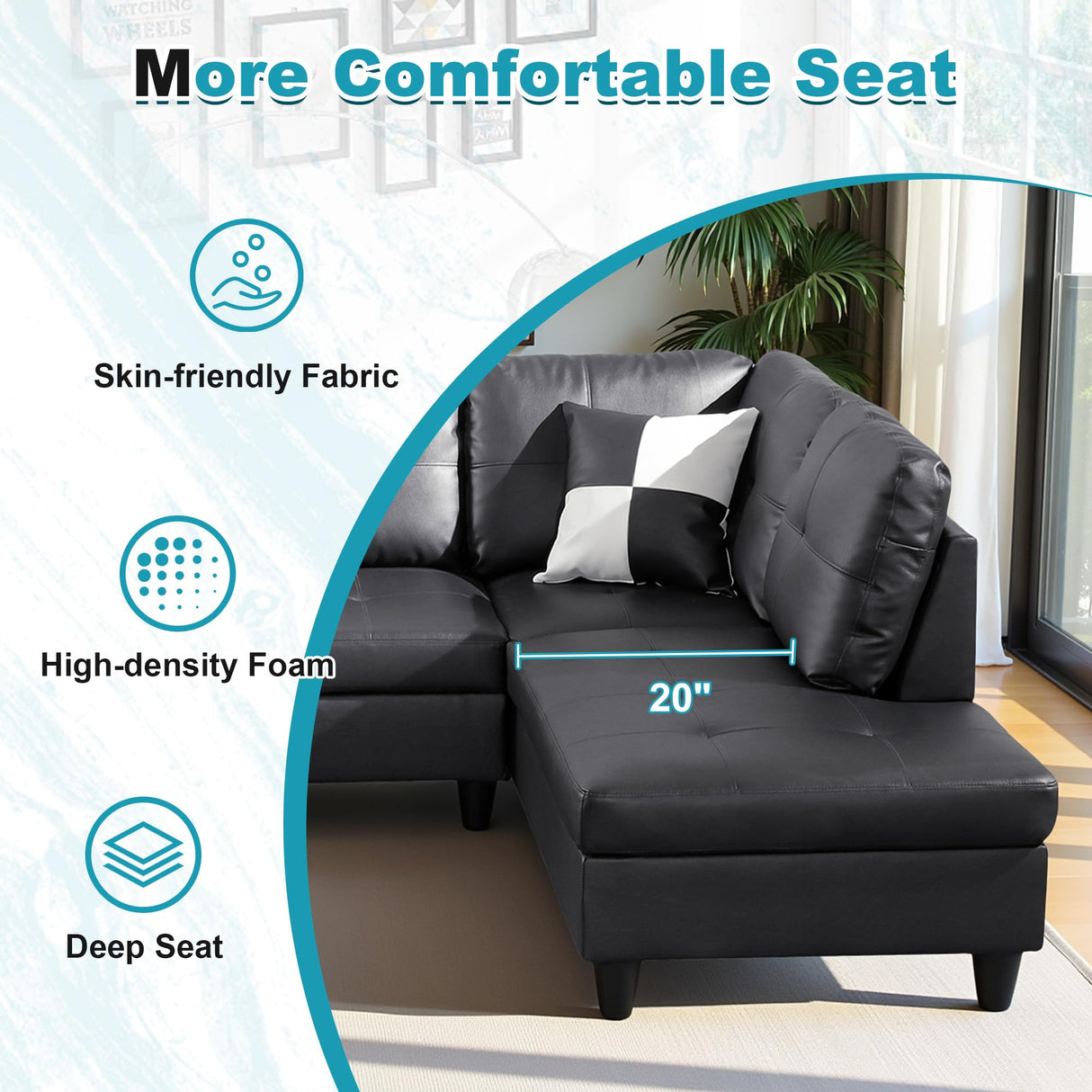 Lyngins 103.5" Oversized Sectional Couch, L Shaped Couch with Storage Ottoman, Modern Modular Sofa with Deep Seat, Sectional Couches for Living Room and Office, Jet Black (Faux Leather) Lyngins