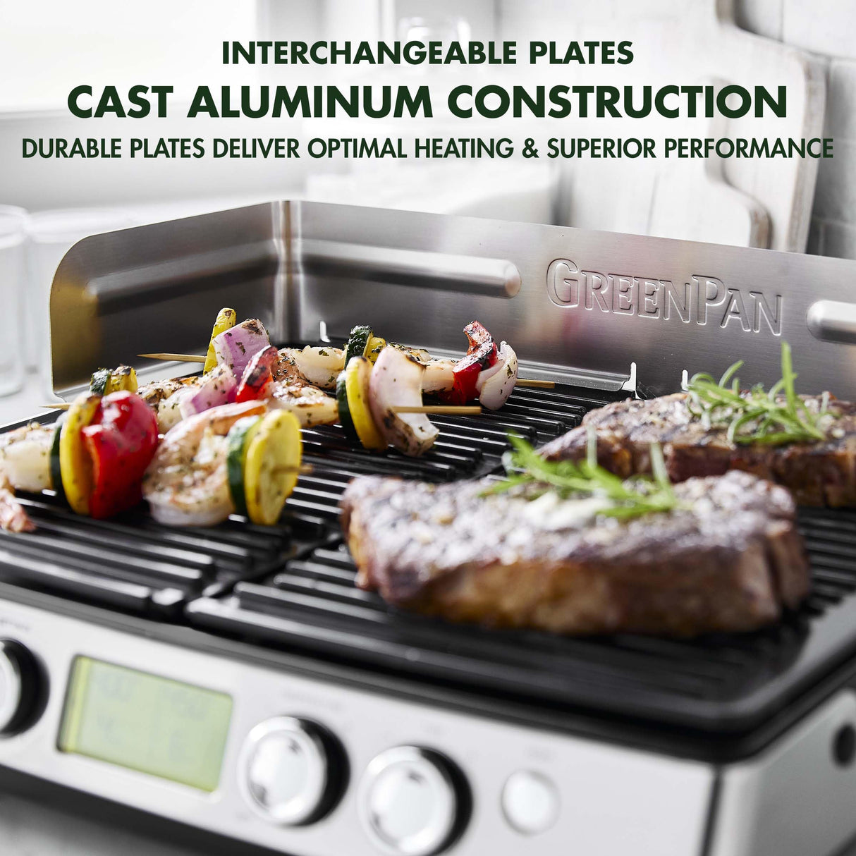 GreenPan Elite XL Smoke-less Grill and Griddle, Healthy Ceramic Nonstick Interchangeable/Removeable Cast Aluminum Plates, Indoor BBQ Sear Sizzle, LCD Display, Splash Guard, Drip Tray, PFAS-Free, Black GreenPan