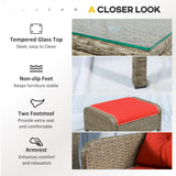 Outsunny 5 Pieces Rattan Wicker Lounge Chair Outdoor Patio Conversation Set with 2 Cushioned Chairs, 2 Ottomans and Tempered Glass Top Coffee Table, Brown/Red Outsunny