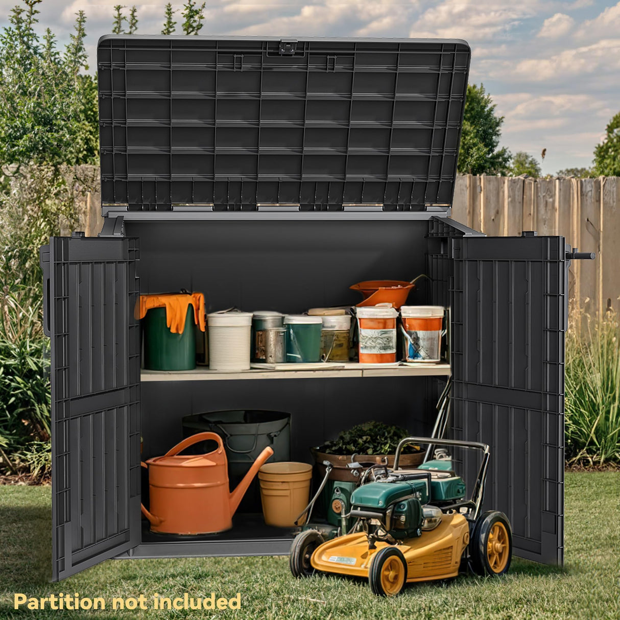 DWVO Tool Storage Shed, Storage for Bakcyard, Patio, and Garden, Resin Plastic Shed with Sloped Lid, Lockable Door, and Wood Grain Finish, Black DWVO