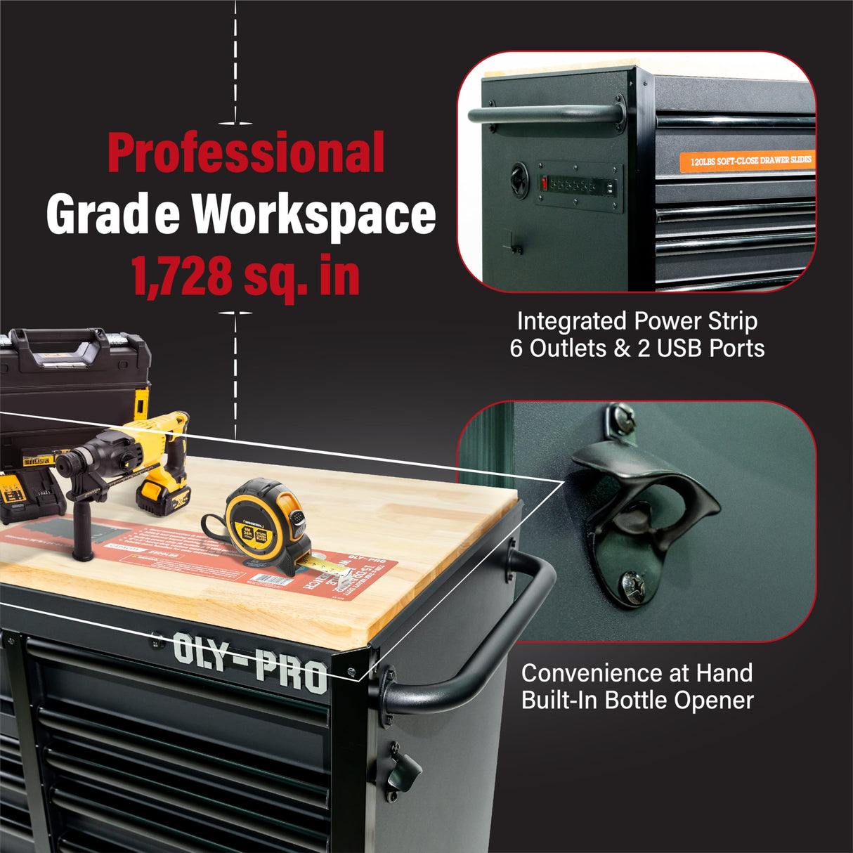 Olympia Tools 72 inch Heavy Duty Mobile Tool Chest Tool Box, with Solid Wood Top Workbench, 15-Drawer Rolling Tool Chest, Tool Storage Organizer for Garage, Workshop, and Home, Black Olympia Tools