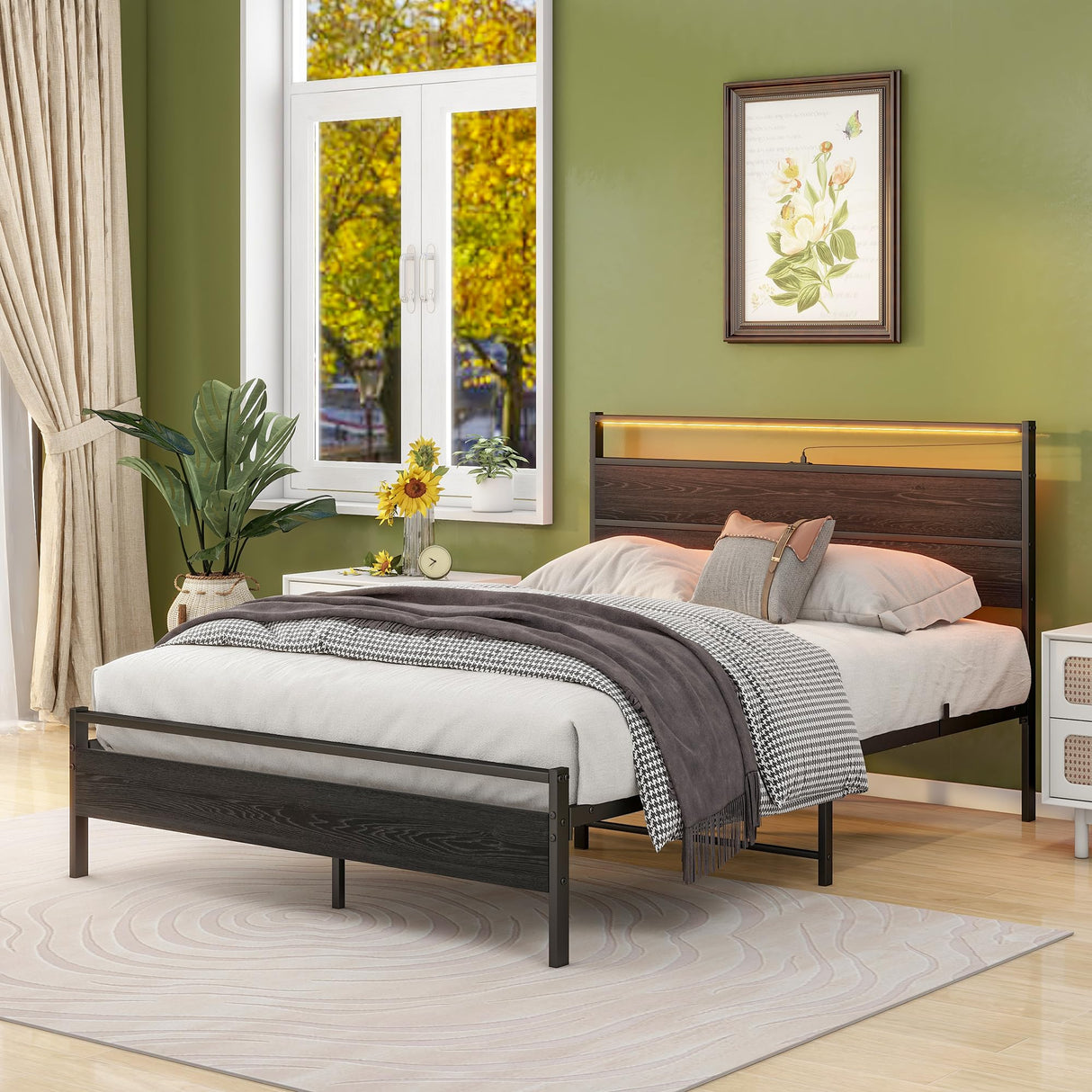 Full Size HOJINLINERO Bed Frame with Wood Headboard, LED Lights & Charging Station HOJINLINERO
