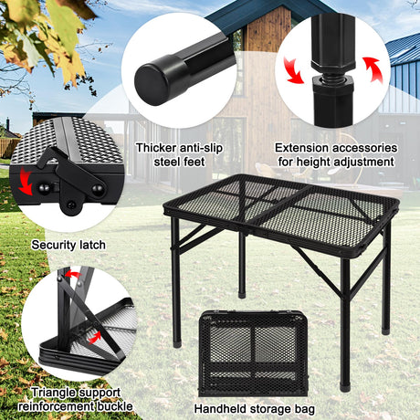 Grovind Folding Grill Table Camping Table with Mesh Desktop, Lightweight & Portable Outdoor Picnic Table, Height Adjustable Portable Grill Table for Outside Inside Use Grovind