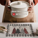 Artoid Mode Merry Christmas Trees Vinyl Placemats Set of 4, 12x18 Inch Black Buffalo Plaid Washable Heat Resistant Plastic Woven Table Mats for Party Dining Decor Artoid Mode