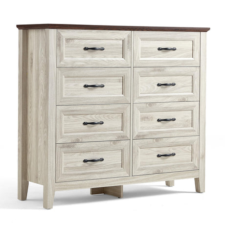 LINSY HOME Farmhouse 8 Drawers Dresser Chests for Bedroom, Wood Dresser Wide Chest of Drawers, Storage Dressers Organizer for Bedroom, Living Room,Hallway, SGS Certified LINSY HOME