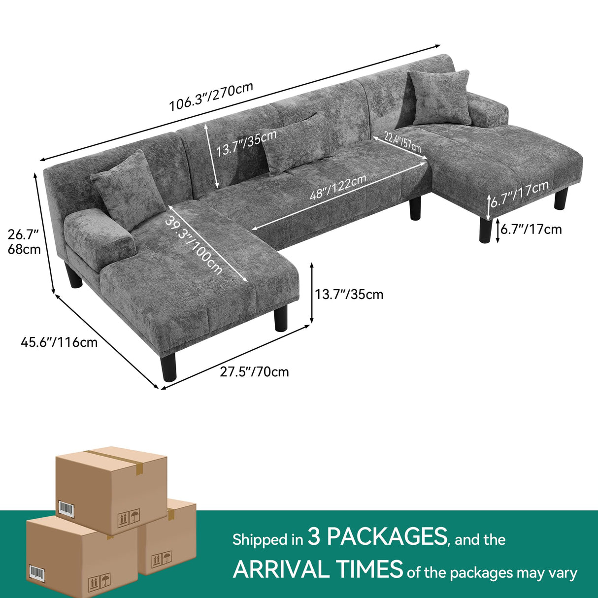 YITAHOMA Sectional Couches for Living Room, U Shaped Sofa Chenille Modern Couch with USB & Type C Charging Ports Double Chaise and Comfy Upholstered, Dark Grey YITAHOME