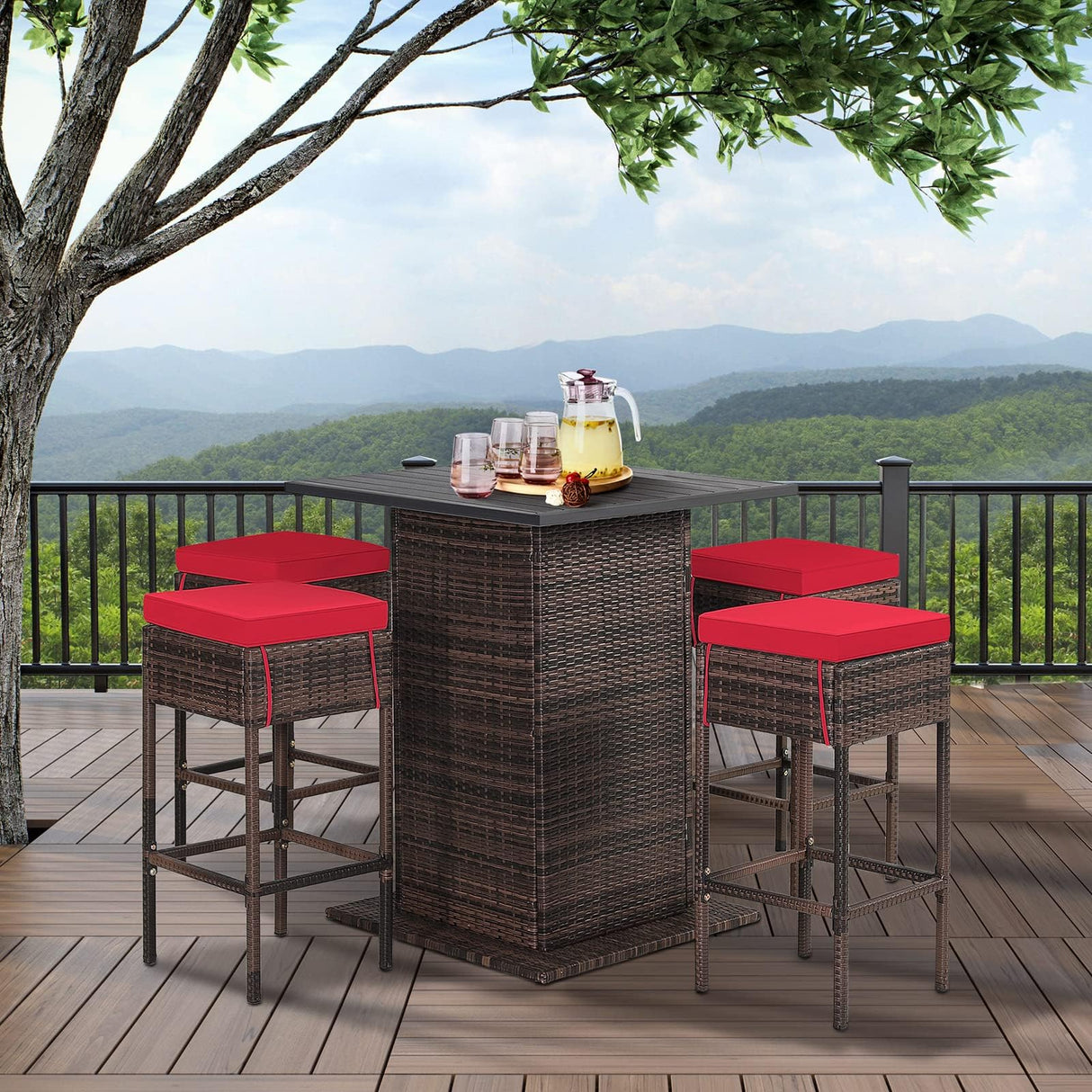 HAPPYGRILL 5 Pieces Rattan Bar Set, Outdoor Wicker Bar Table and 4 Bar Stools, Heavy-Duty Steel Frame, Patio Bar Furniture Set with Cushions HAPPYGRILL