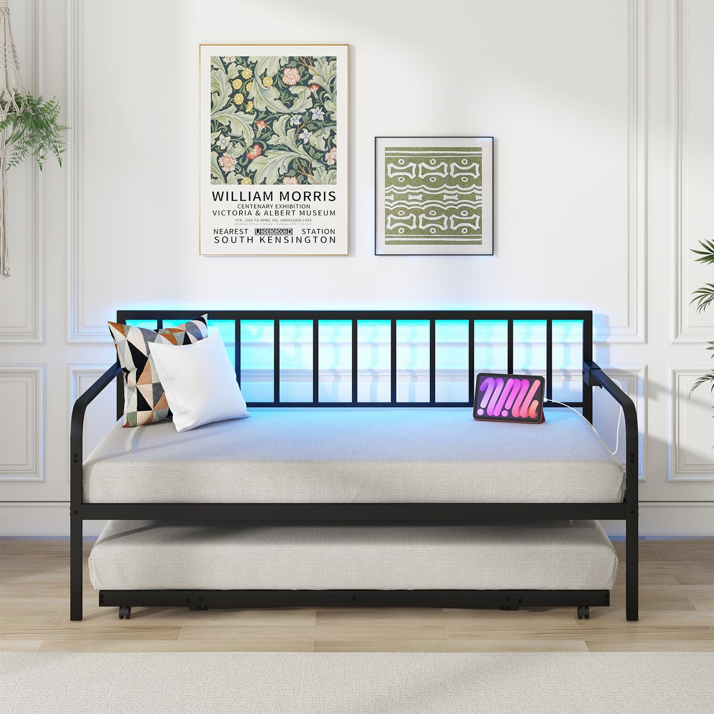 Giantex Black Twin Daybed with Pop-Up Trundle, Charging Station & LED Lights - WoodArtSupply