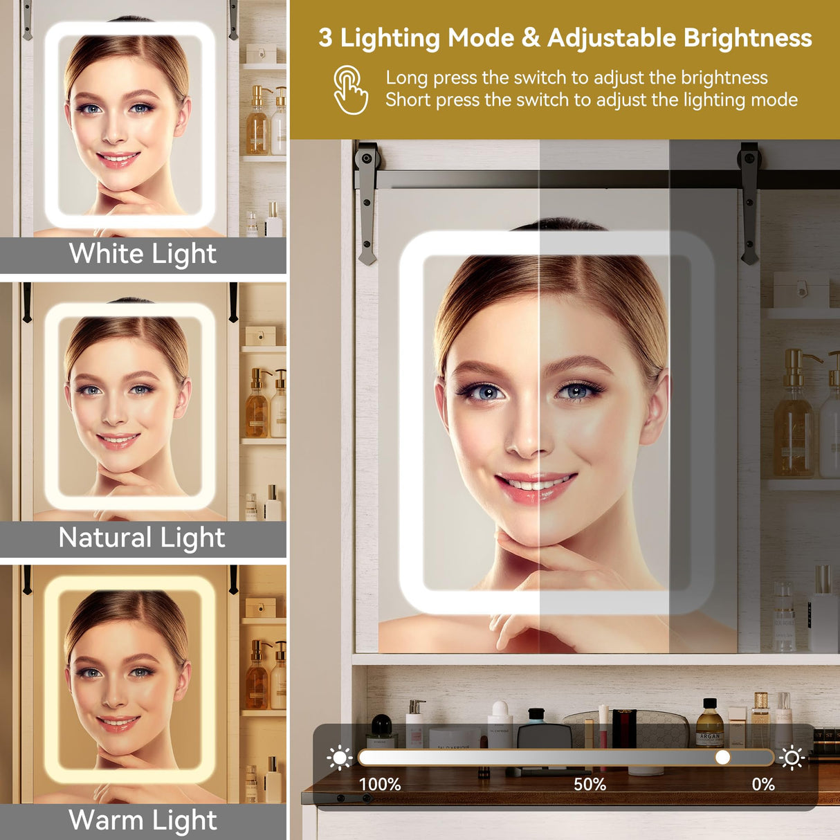 NUNU LAB Farmhouse Women Vanity Desk with Sliding Mirror and Lights, Rustic Big Makeup Table with Charging Station, Drawers, Cabinets, and Adjustable Shelves for Bedroom 42'', Brown NUNU LAB