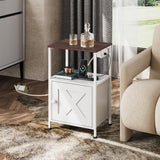 WLIWLIVE End Table with Charging Station, Bed Side Table with Open Shelf and Cabinet, Farmhouse Night Stand, End Tables Living Room, Bedroom, Small Spaces, White and Greige WLIVE