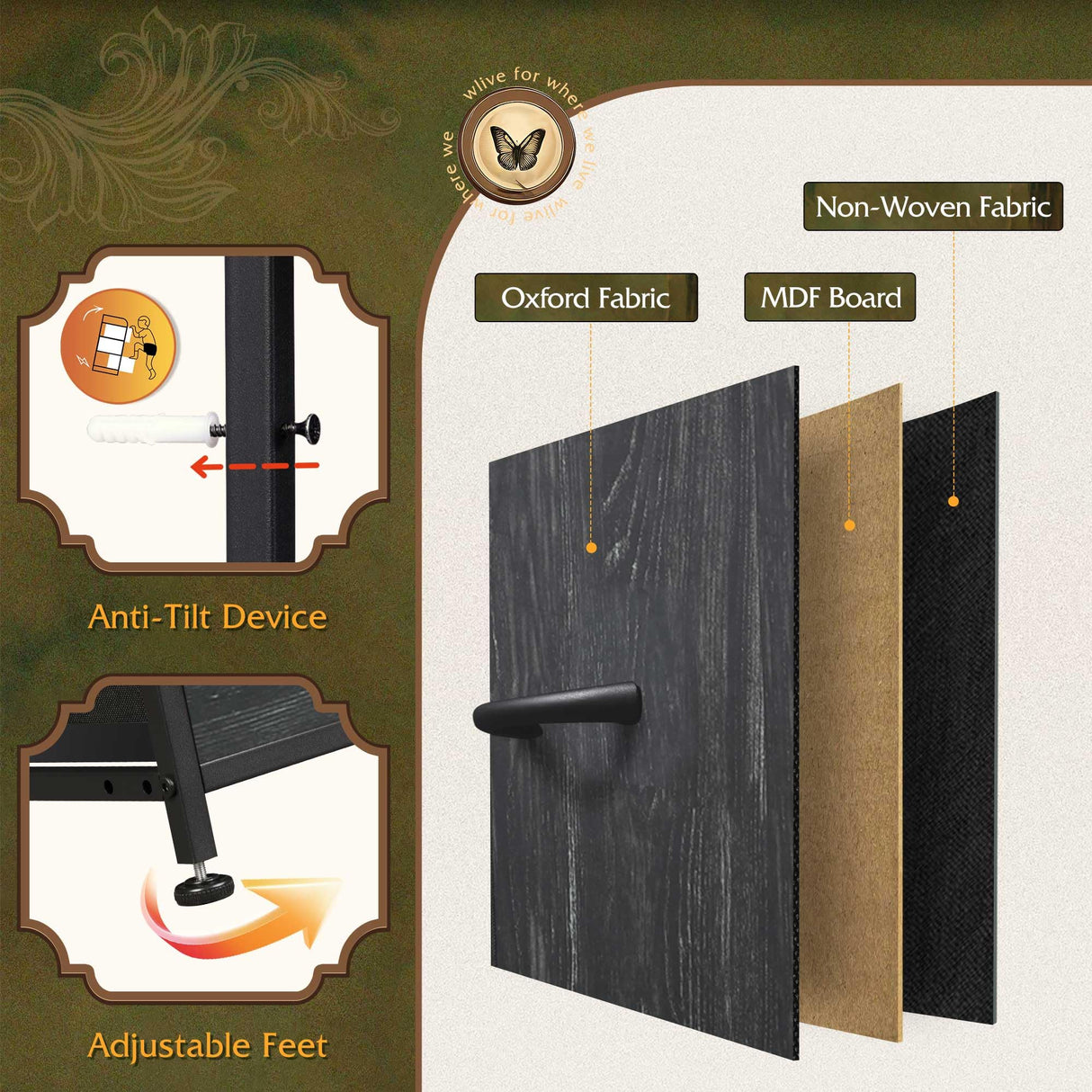 WLIVE Black Dresser for Bedroom, TV Stand for Bedroom for 55 inch TV with Charging Station and LED Lights, Fabric Chest of Drawers with Open Shelves, 8 Drawers Dressers for Living Room, Closet WLIVE