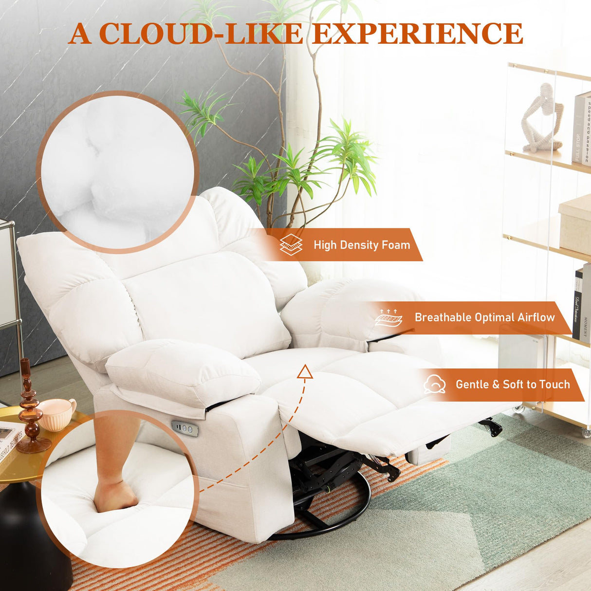 DYHOME Rocking Recliner Chair, White Swivel Massage Rocker Recliner Chairwith Heated, Electric Recliner Chairs for Adults, Modern Lazy Boy Single Lounge Sofa for Living Room,Bedroom, Nursery DYHOME