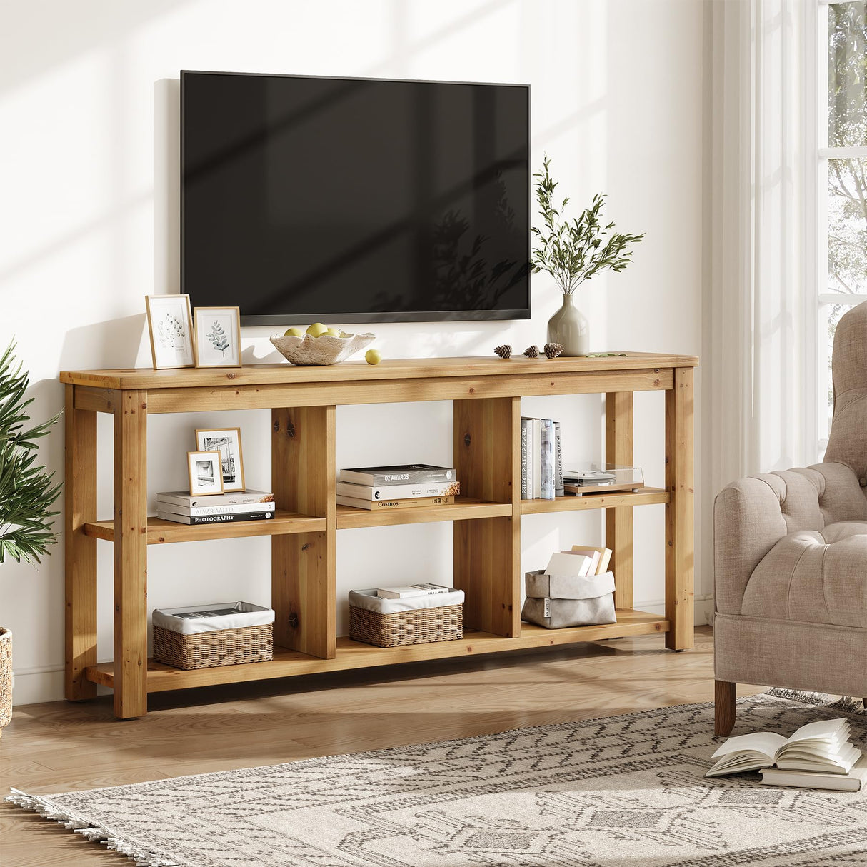 TRIBEWOOD Solid Wood Horizontal Bookcase with Adjustable Shelves, 6 Cubes Storage Organizer Long Bookshelf, Farmhouse Low Cubby Bookcase for Living Room, Home Office, 63 Inches TRIBEWOOD