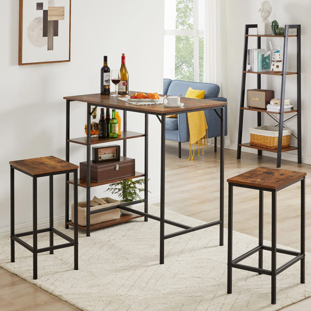 IBUYKE 40” Rustic Brown Bar Table with 3 Storage Shelves - Versatile High Dining and Standing Desk IBUYKE